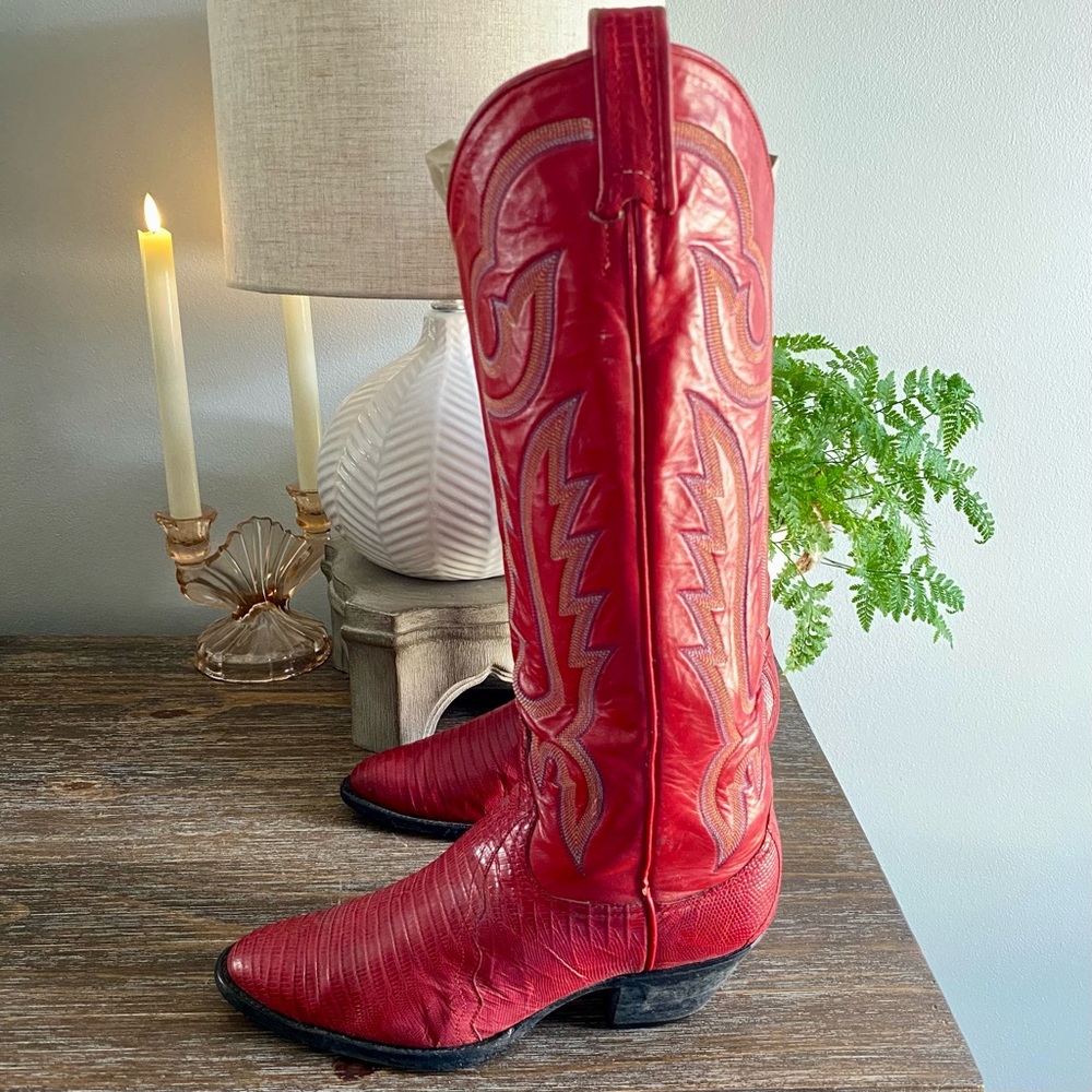 Vtg LARRY MAHAN Exotic Lizard Leather Tall Western Cowboy Boots Womens 8B Red - Picture 3 of 16